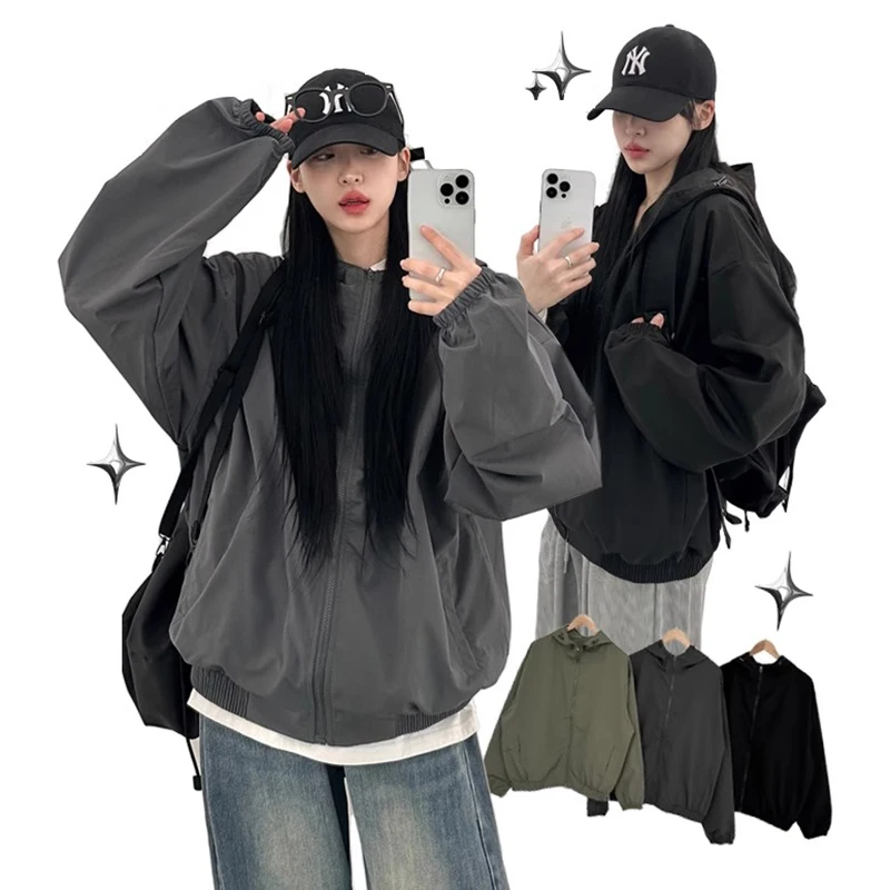 เสื้อคลุมคาร์ดิแกนแบบเปิดซิปมีฮู้ดสไตล์ชิคสำหรับฤดูใบไม้ร่วง แขนยาวทรงหลวม สวมใส่สบายๆ เสื้อแจ็คเก็ตผู้หญิง ผ้าโพลีเอสเตอร์