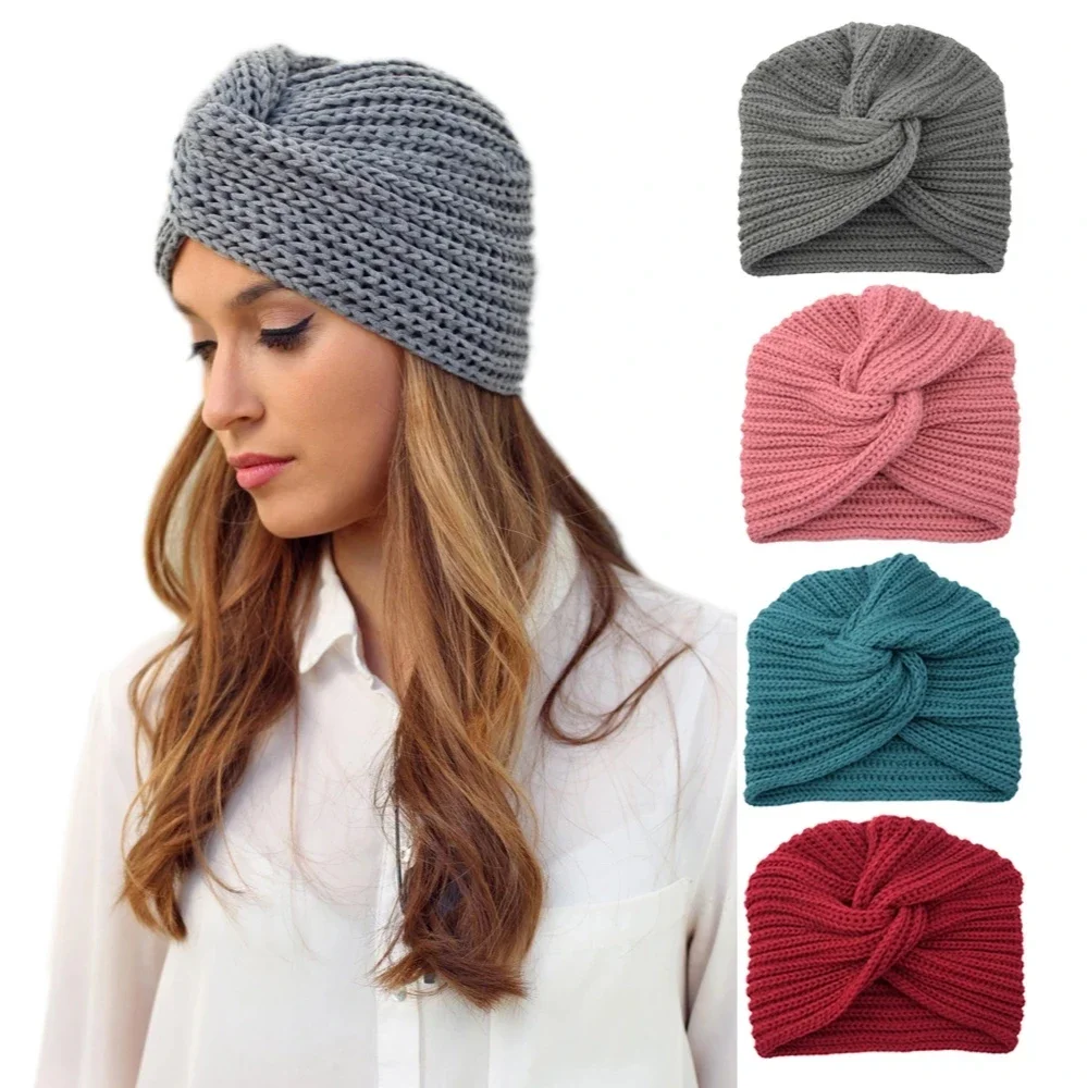 Autumn Winter Women's Knitted Turban Hat Bohemia Cashmere Cross Wrap Head Women Felt Hat Head Wrap Warm Pullover Caps