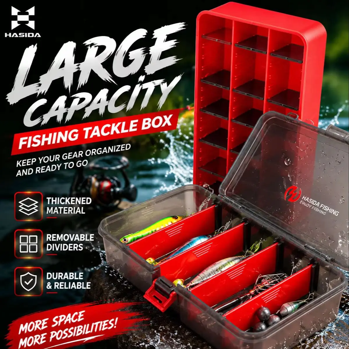 HASIDA Thicken PP Fishing Tackle Box Anti-Pressure Adjustable Space Double Layer Big Capacity Travel Detachable Board Multi-Size