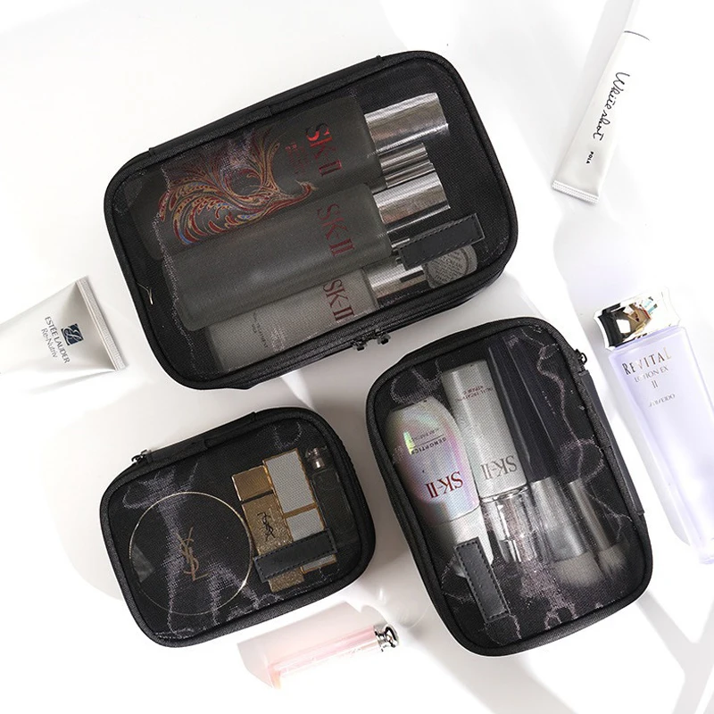 1/3 قطعة حقيبة مستحضرات تجميل النساء بلون سستة حقيبة مستحضرات التجميل شبكة شفافة عادية السفر المحمولة غسل صغير أكياس التخزين