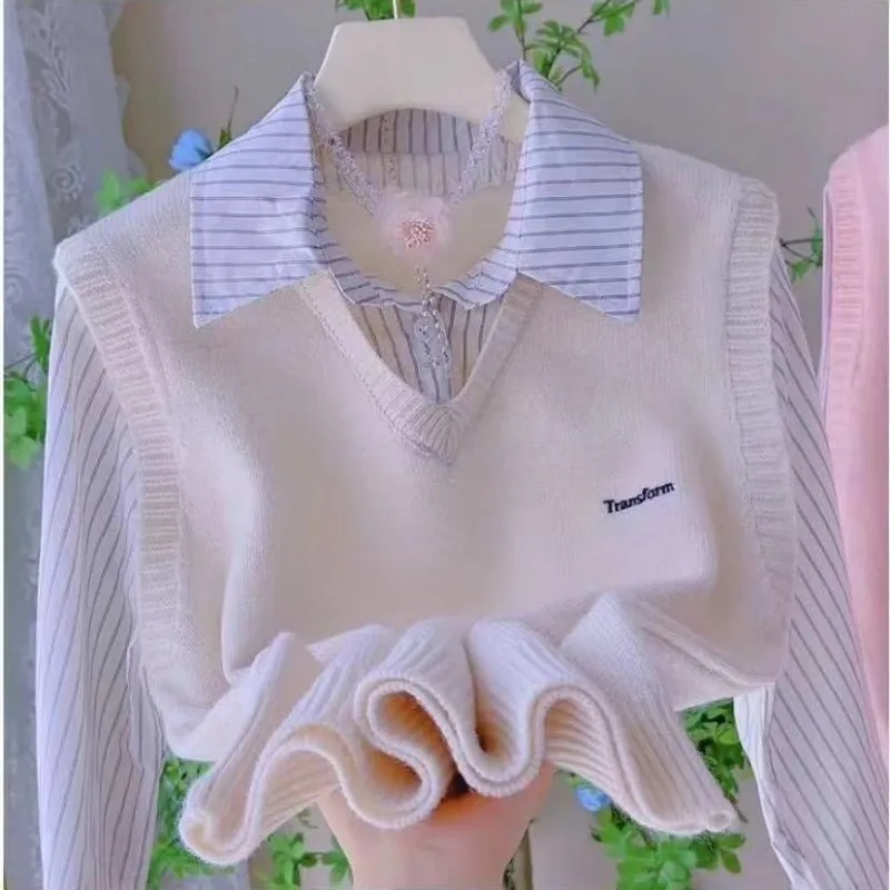 2025 وهمية قطعتين قميص مخطط المرأة أوائل الخريف قصيرة محبوك سترة سترة تقسم المرأة سترة جديدة #3