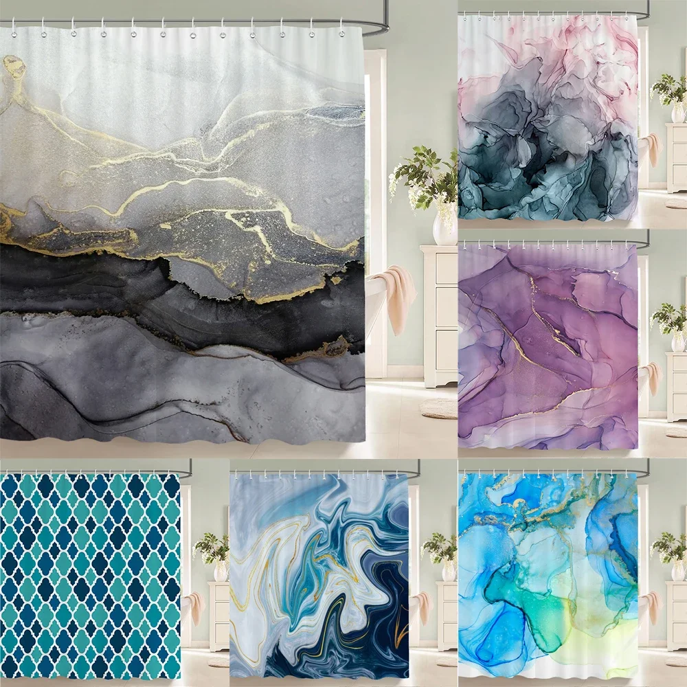 Multi Color Alcohol Ink Marble Shower Curtain Black Gray Pink Purple Blue Teal Gold Glitter Fluid Art Geometric Lattice Print Wa