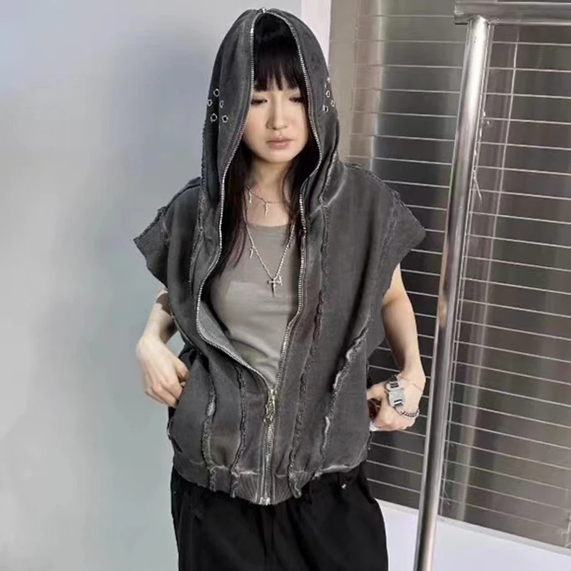 PFNW Washed Metal Zipper Design Hooded Cardigan Vest Men\'s High Street Sleeveless Rough Selvedge Loose Trendy Short Tops 28W4550