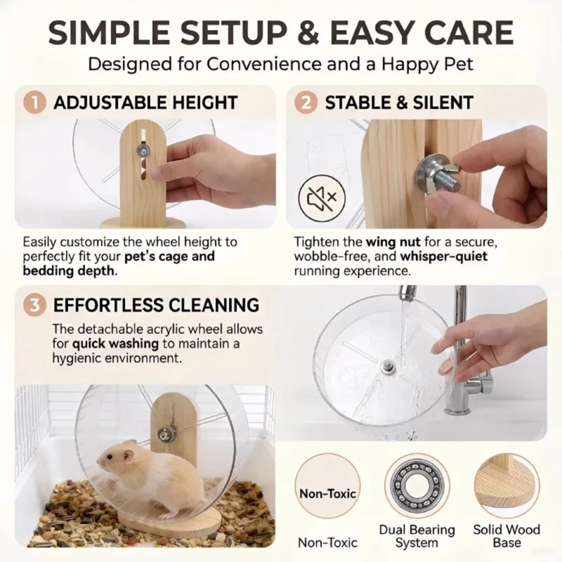 Clear Acrylic Hamster Running Wheel With Wooden Stand For Safe Quiet Nighttime 