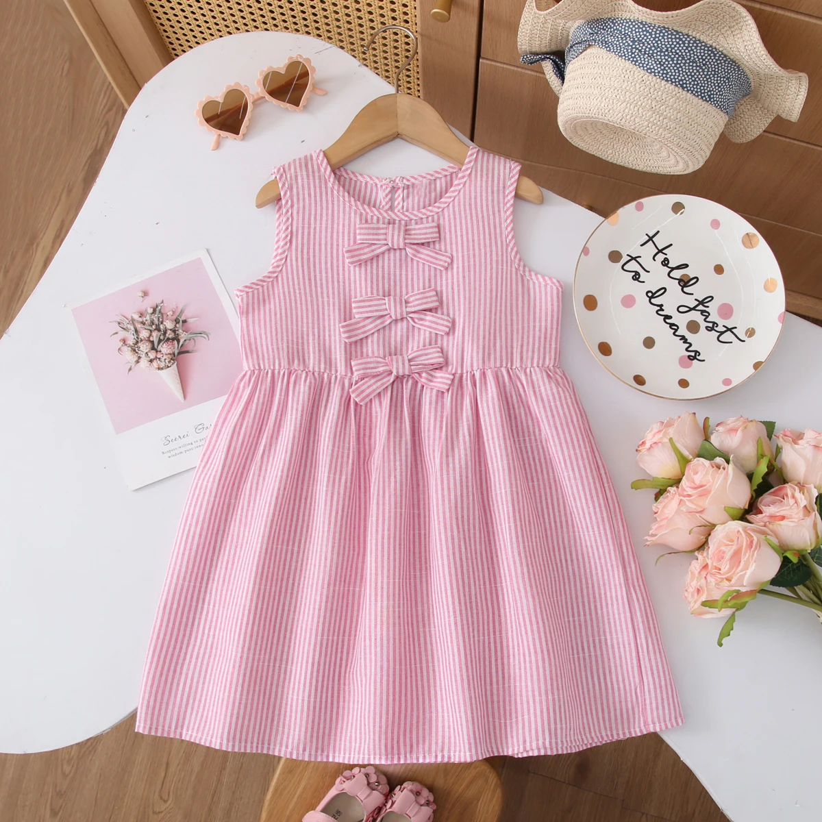 Summer New Children's Clothing Fashion Pink & White Striped Bow Tie Vest Dress Korean Version Girls Casual Dresses