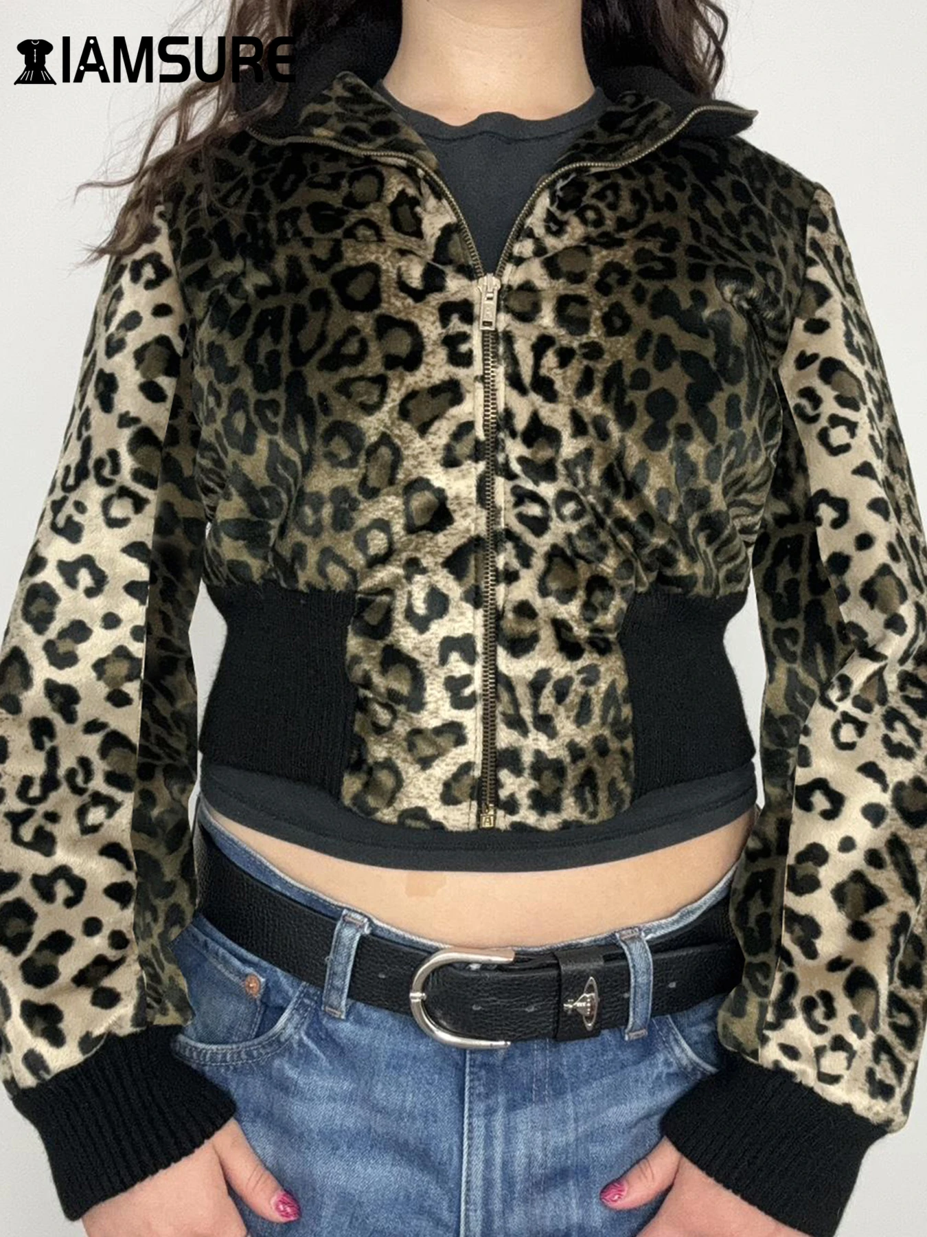 

IAMSURE повседневные лоскутные леопардовые пальто, базовая водолазка, куртки с длинными рукавами, женские куртки 2021, осень-весна, модная уличная одежда для женщин