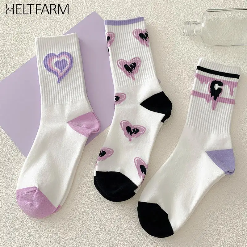 Chaussettes en coton à imprimé cœur violet pour femmes, chaussettes à tube moyen, chaussettes hip hop américaines, vêtements de rue, chaussettes de