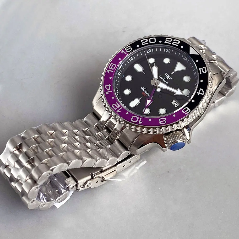Tandorio Dive 41mm Black Purple NH34 GMT Steel Automatic Watch Men 24 Hours Chapter Ring 120click Bezel Sapphire SKX 3.8 Crown