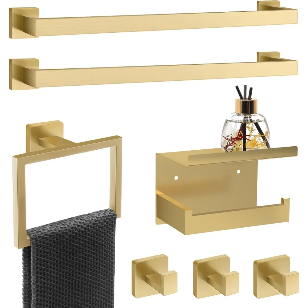 

7-Piece Gold Bathroom Hardware Set with Square Towel Bars, Toilet Paper Holder, and Hooks - Stainless Steel 23-Inch