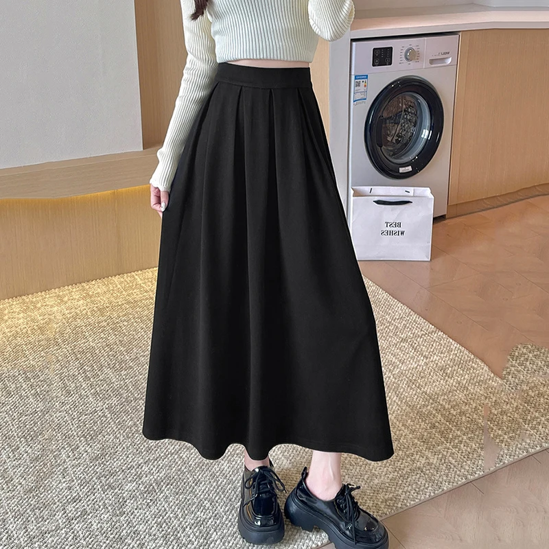 

Autumn Winter High Waist Skirts Women Korean Faux Woolen A Line Pleated Skirt Woman Preppy Style Solid Color Wild Skirts Female
