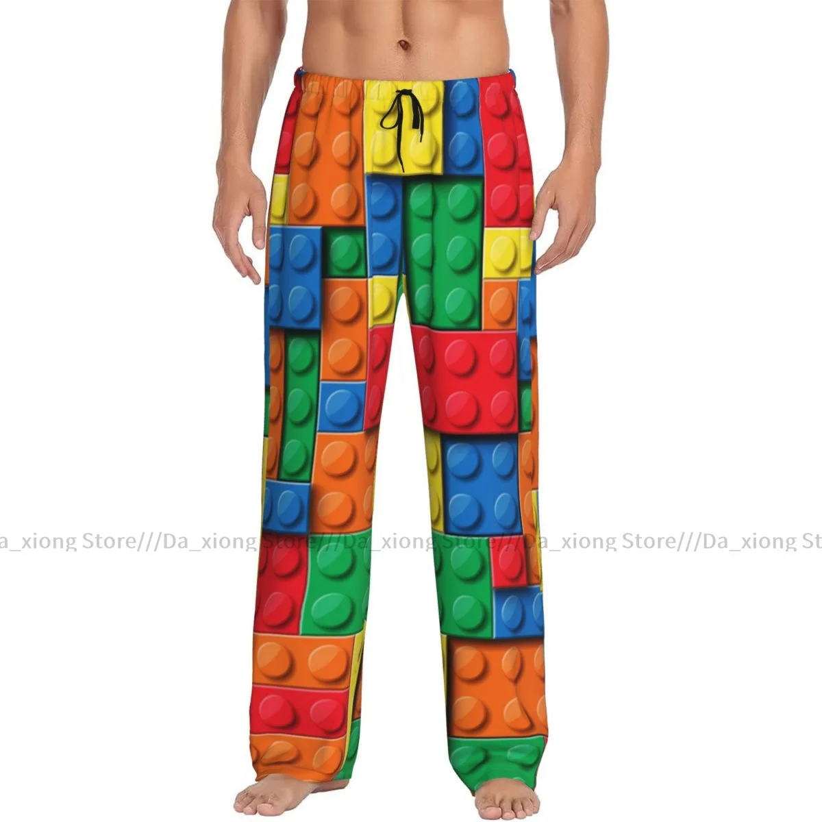 Men's Sleepwear Loose Sleep Pants Pajamas Colorful Building Blocks Bricks Long Lounge Bottoms Casual Homewear