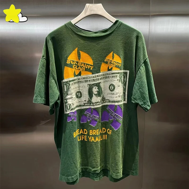 2024 Summer Oversized Style Cotton T-Shirt Men Women High Quality Banknote Printing Green Saint T Shirt Casual Tee Tops