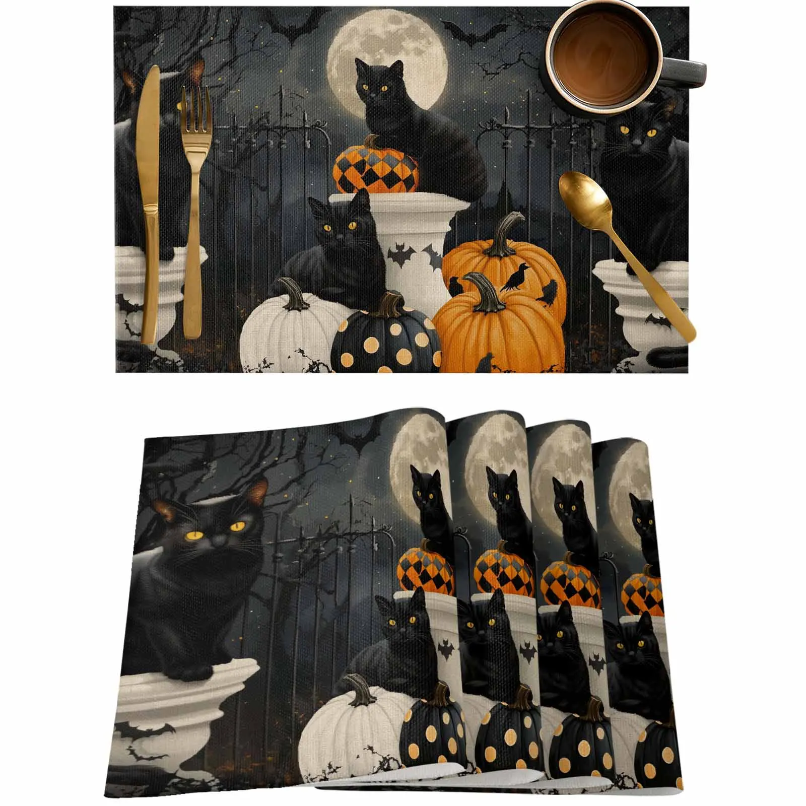 

4/6 Pcs Vintage Black Cat Pumpkin Halloween Placemat Wedding Party Dining Decor Linen Table Mat Kitchen Accessories