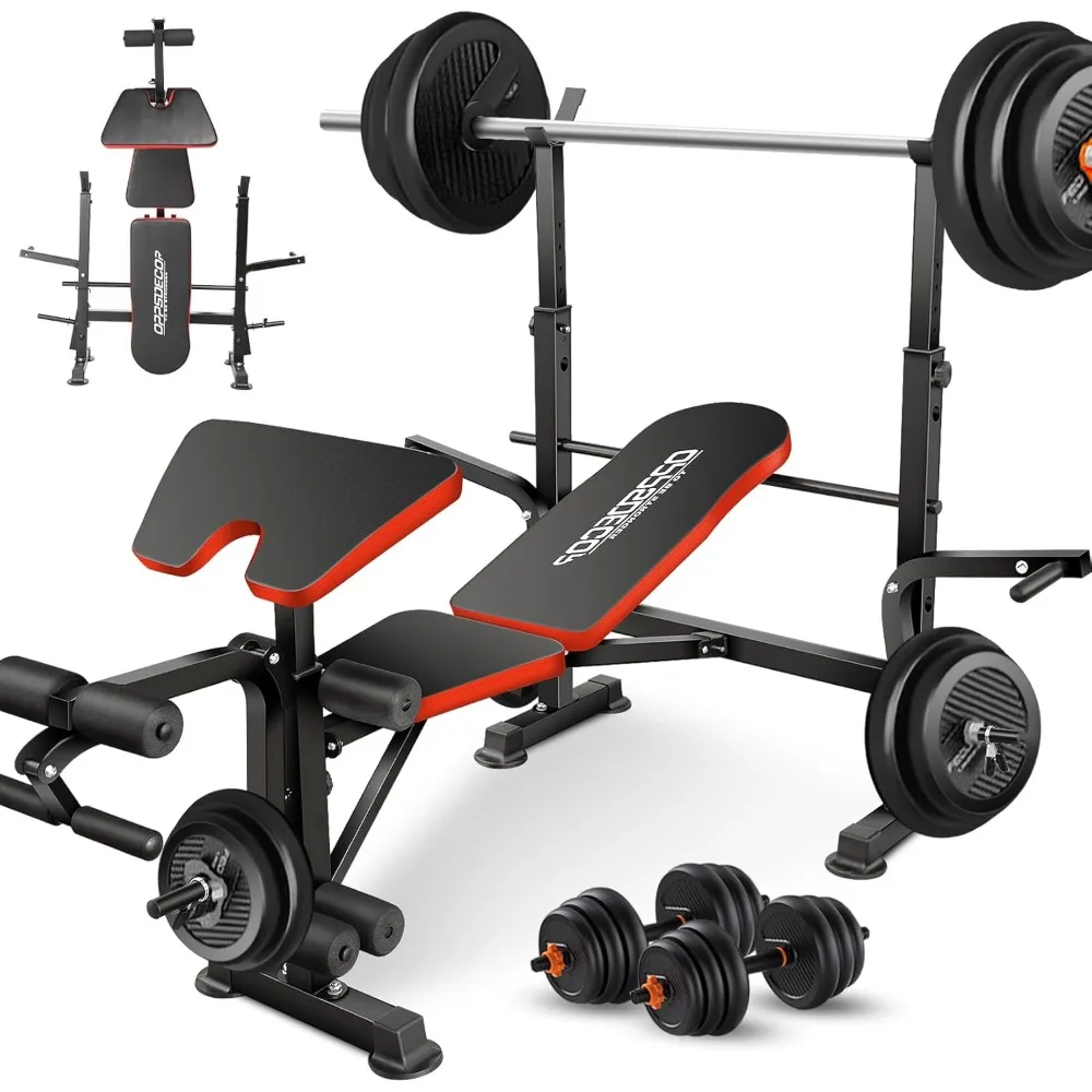 660lbs 6 in 1 Weight Bench Set with Squat Rack, Workout Bench with Leg Extension Preacher Curl Rack Multi-Function Bench Press