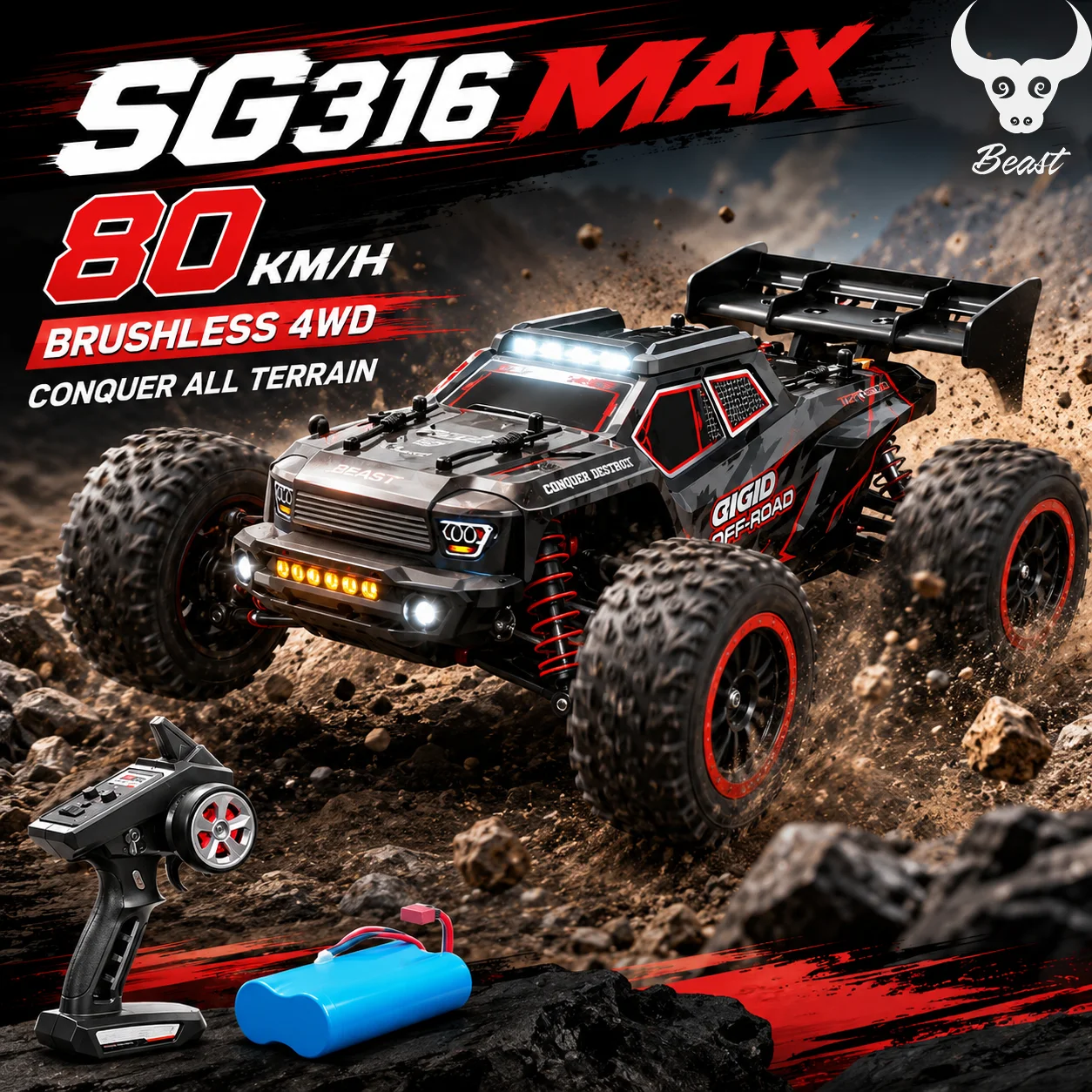 Beast 4WD Brushless RC Off Road Car 80KM/H 300M 2.4G Full Scale Metal Differential Independent Suspension LED Headlight Head-Up Wheel