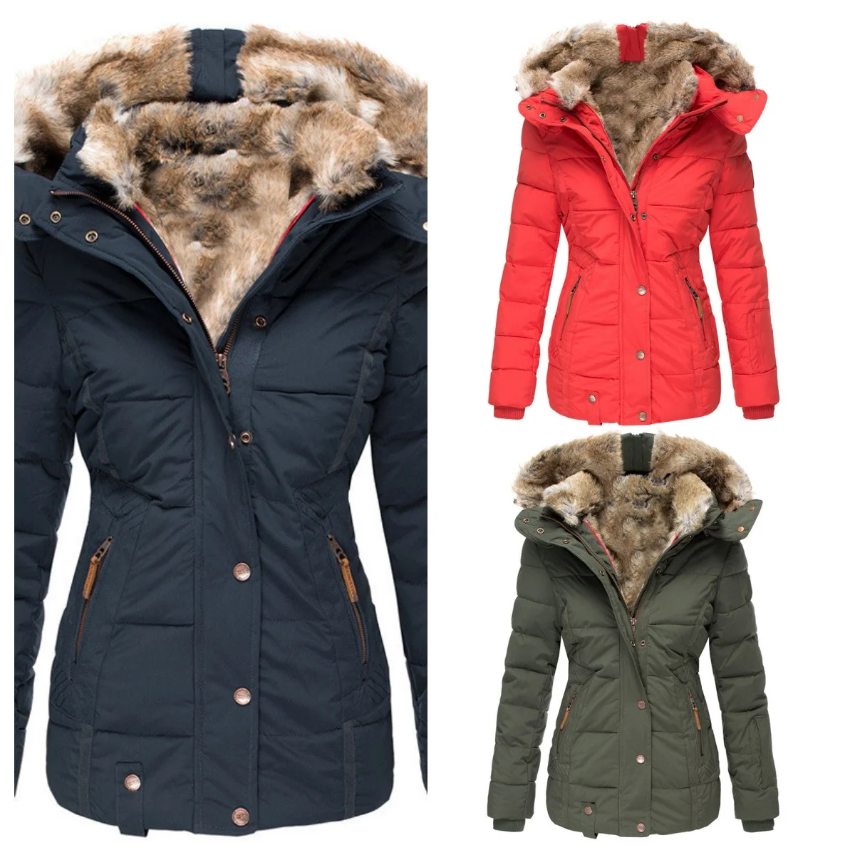 

Women's Winter Warm Fur Collar Cotton Padded Jacket Slim Fit Zip Up Hooded Long Sleeve Outerwear