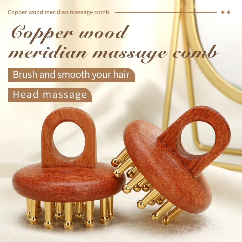 Free custom logo Head massager meridian brush Wooden comb copper wood guasha comb lady scalp care combs guasha board hair brush