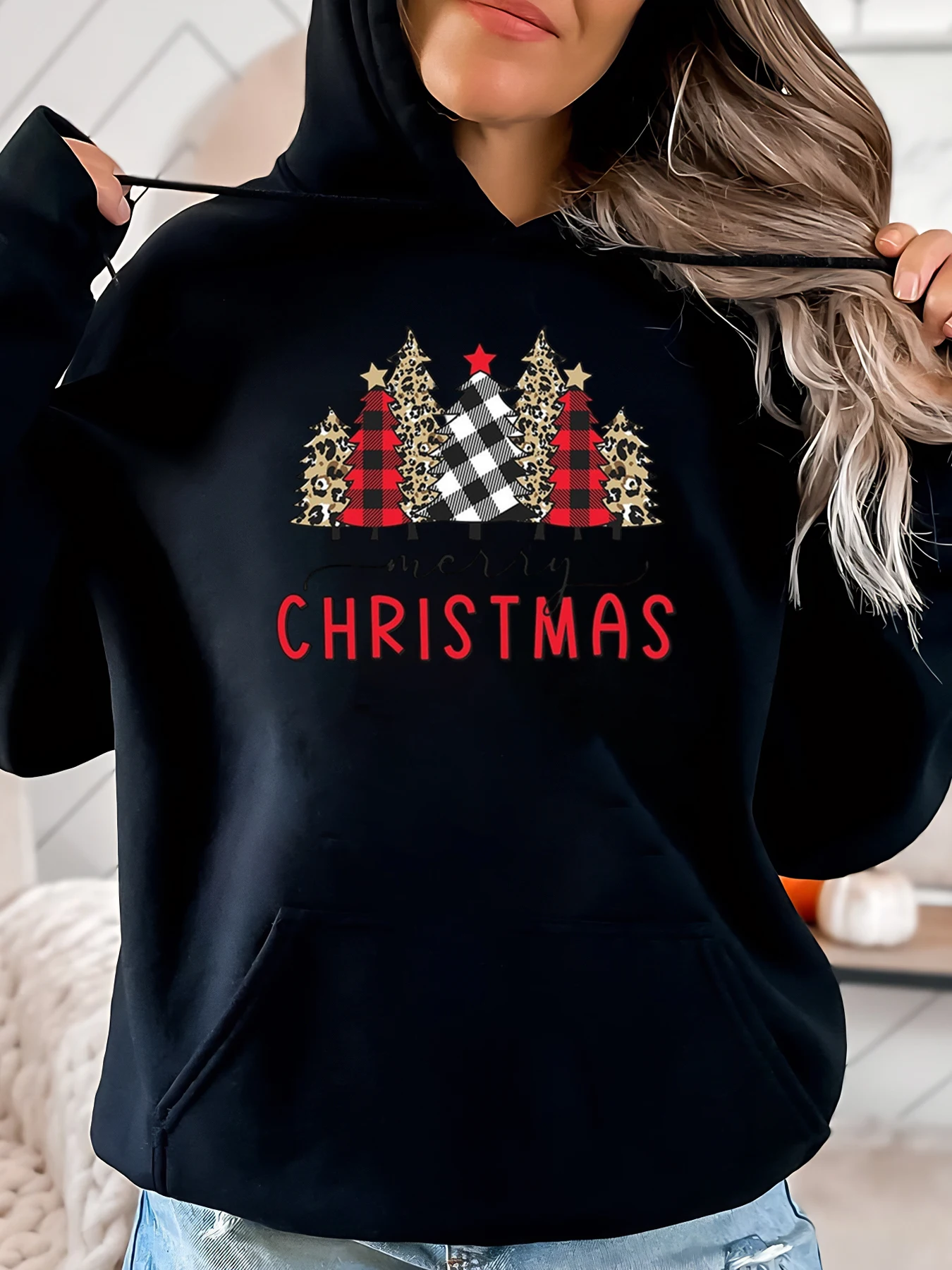 

Рождественская елка в клетку с леопардовым принтом, веселая рождественская толстовка с капюшоном, женская повседневная праздничная одежда, черная, больших размеров