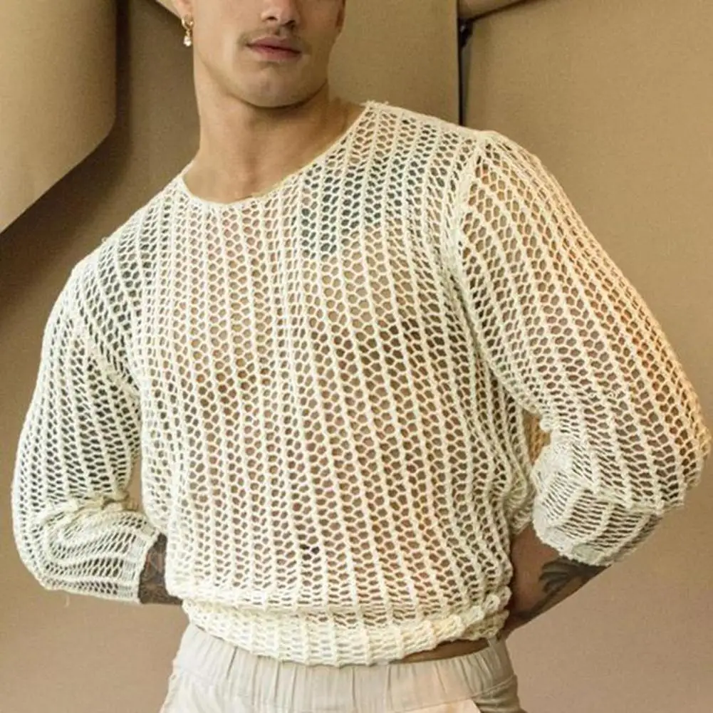 Sexy Dress Up Men Sweatshirts Mesh Top See Through Hollow-out Bottoming Shirt Knitted Mesh Top Male Sweatshirts Summer