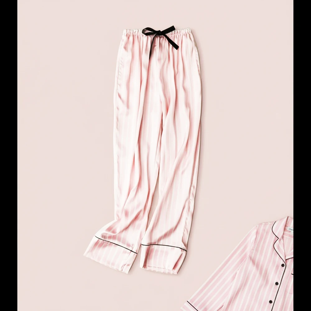 Conjunto de pijama sexy para mulheres, calças e camisas listras, seda, pijama macio, tamanho grande, roupa caseira, primavera aconchegante, estampa