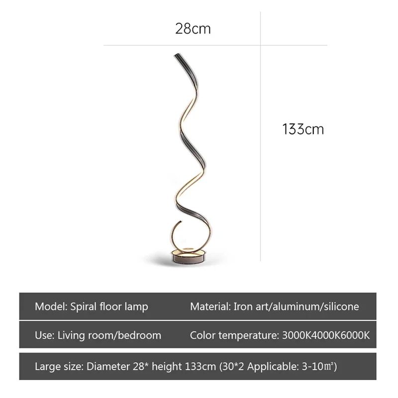 LED Floor Lamp Spiral Strip Light for Study Living Room Bedroom Modern Dimmable Design with Remote Control 3 Color Temperatures