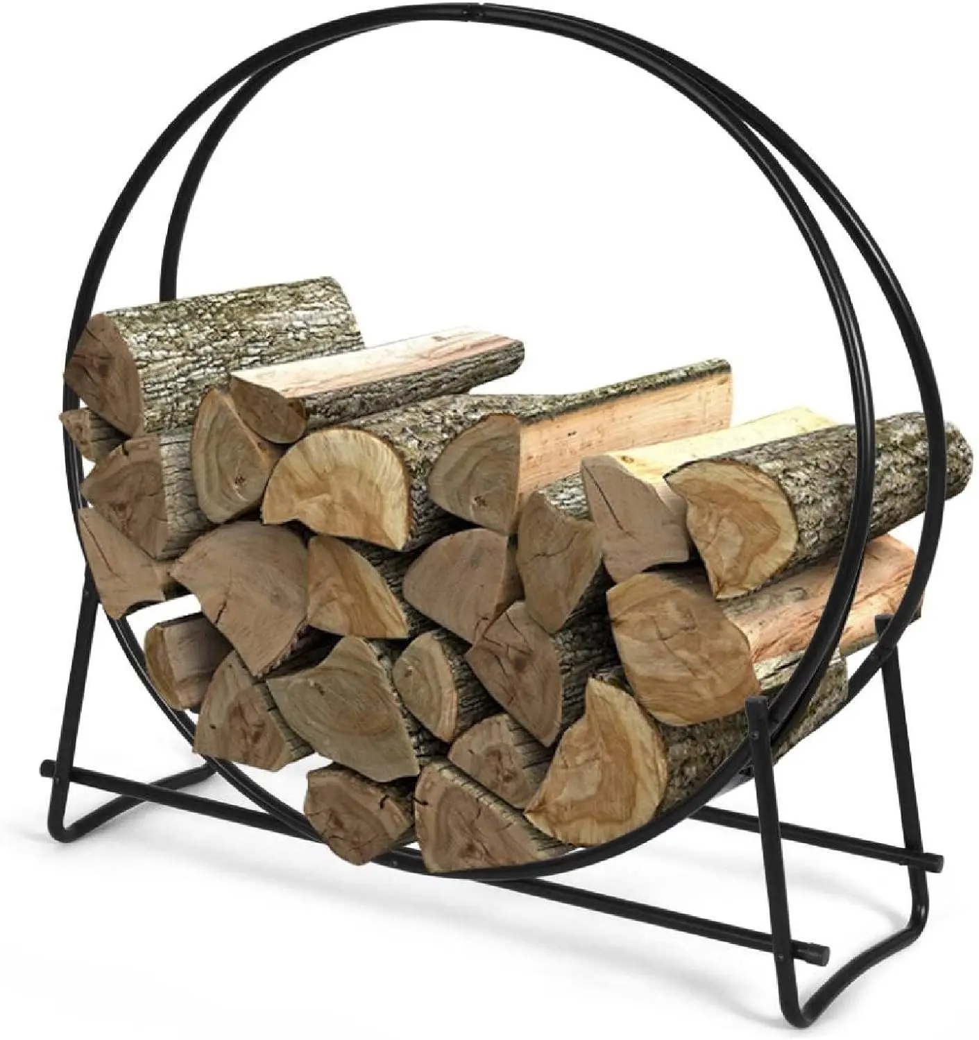 Firewood Rack, 40 Inch Heavy Duty Tubular Steel Round Log Hoop for Indoor and Outdoor, Black Wood Storage Holder