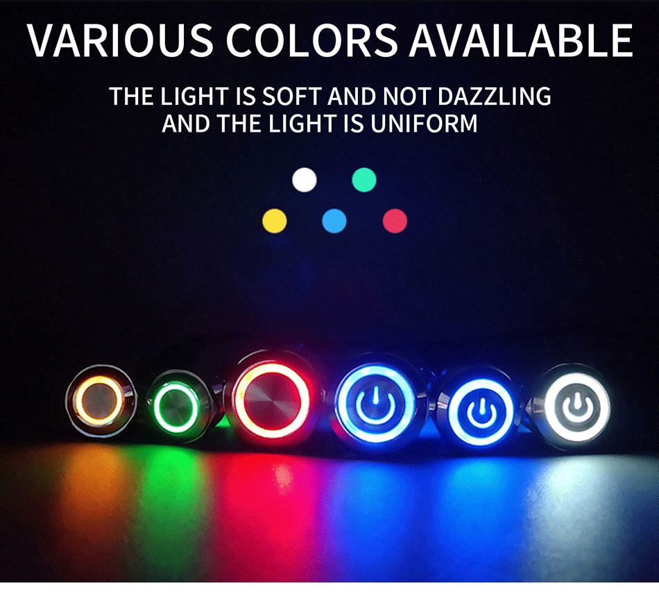 16 19 22mm With Wire Waterproof Metal Push Button Switch LED Ring/Power Light Momentary Latching 5/12/24/220V Silver1NO1NC