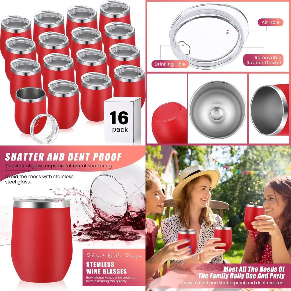 

Set of 16 Insulated 12 oz Stainless Steel Wine Tumblers - Double Wall Stemless Mugs for Outdoor Travel and Beverages