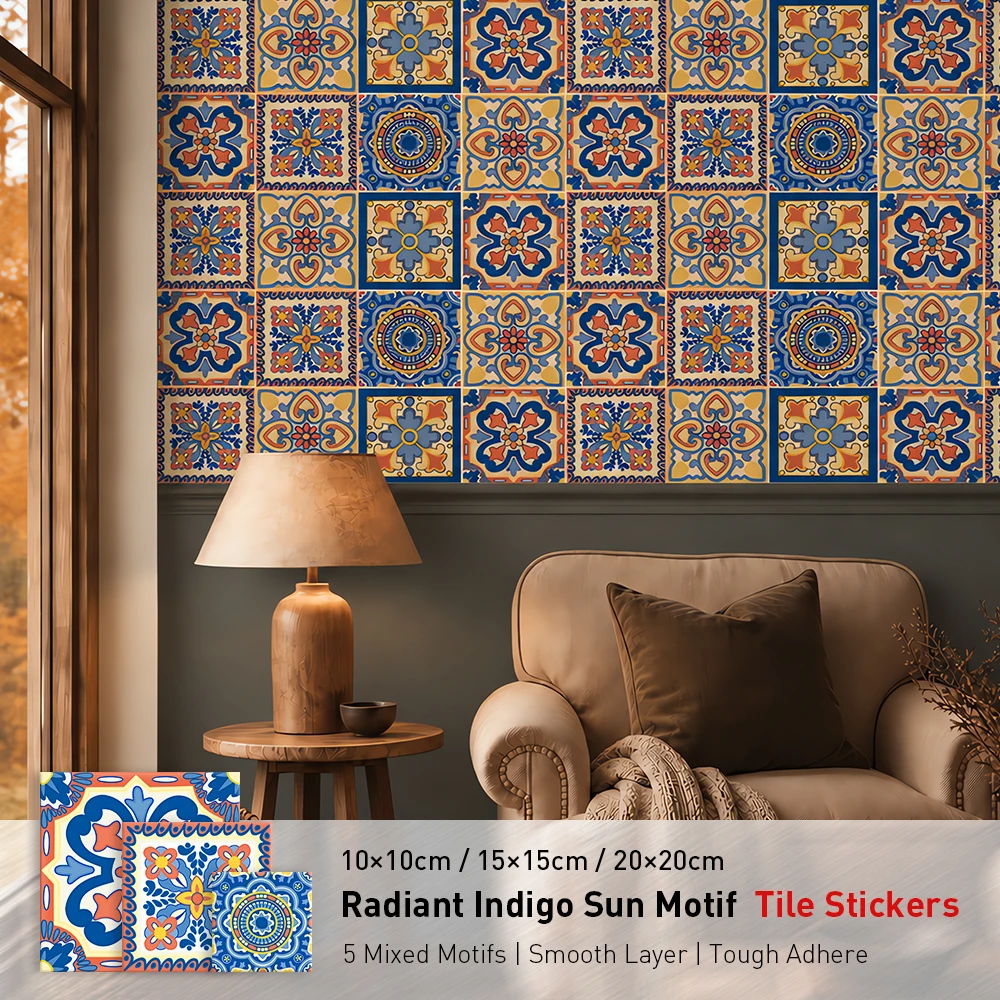 Indigo Sun Tile Stickers Waterproof Peel and Stick Self Adhesive Oil Proof Backsplash Decals Floral Wallpaper for Radiant Lounge