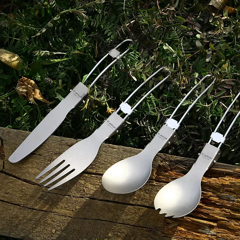 Tiartisan Pure Titanium Folding Knife And Fork Lightweight Portable Frosted Spoon Kitchenware Cutlery Set for Outdoor Camping