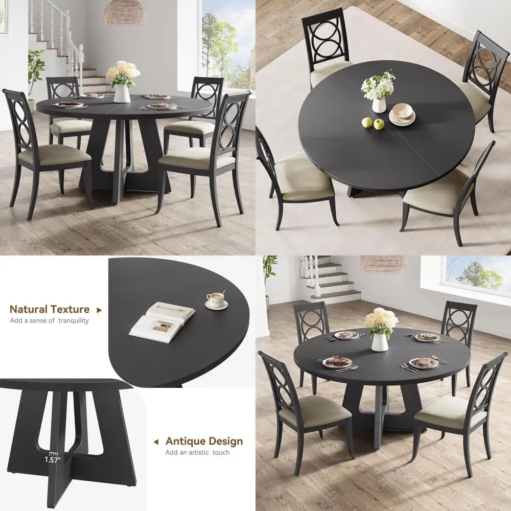 Farmhouse-Style Large Round Dining Table Set for 4-6, Wooden Top and Legs, Perfect for Home Dining Rooms