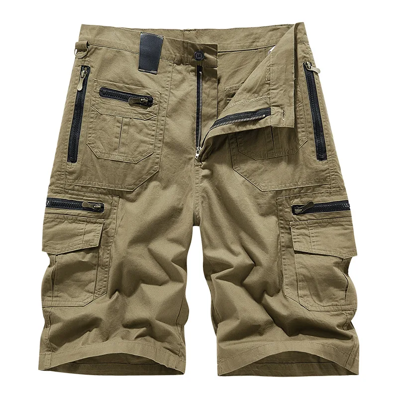 Men's Casual Shorts Summer Multi Pocket Workwear Shorts Male 100% Cotton Solid Breathable Fishing Cargo Knee Length Trousers