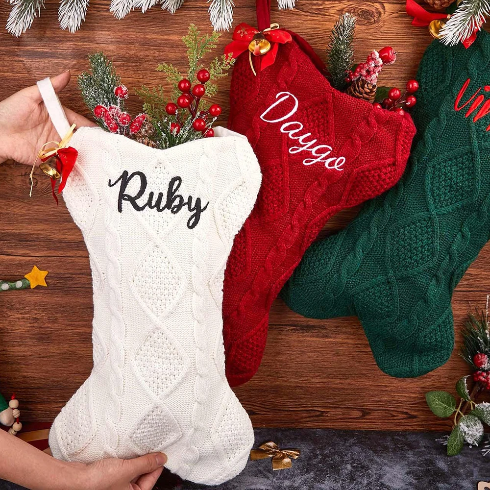 

Custom Name Christmas Knitted Bone Christmas Socks Embroidered Cute Creative Christmas Socks Christmas Tree Decoration Gift Bag