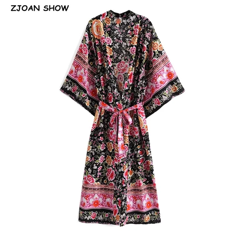 BOHO V neck Hit Color Flower Print Maxi Long Kimono Shirt Ethnic Women Lacing up Bow Sashes Cardigan Holiday Loose Beach Cape