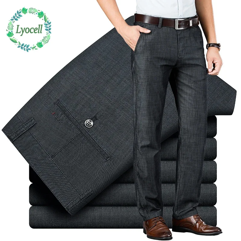 

Good Quality Summer Thin Lyocell Jeans Soft Breathable Straight Business Office Casual Trousers Elastic Classic Denim Pants Man