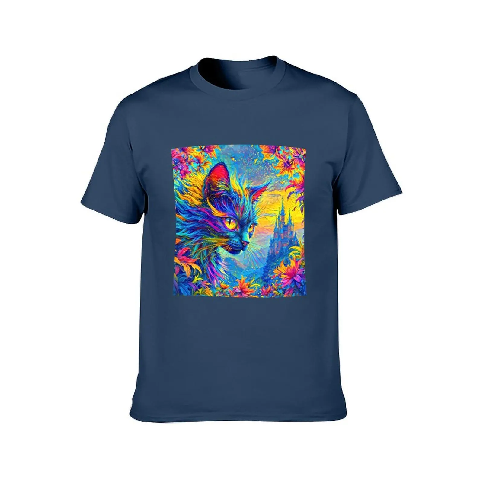 Enchanted Cat, Castle, and Rainbow Hues T-Shirt tshirts personalised quick drying shirts men