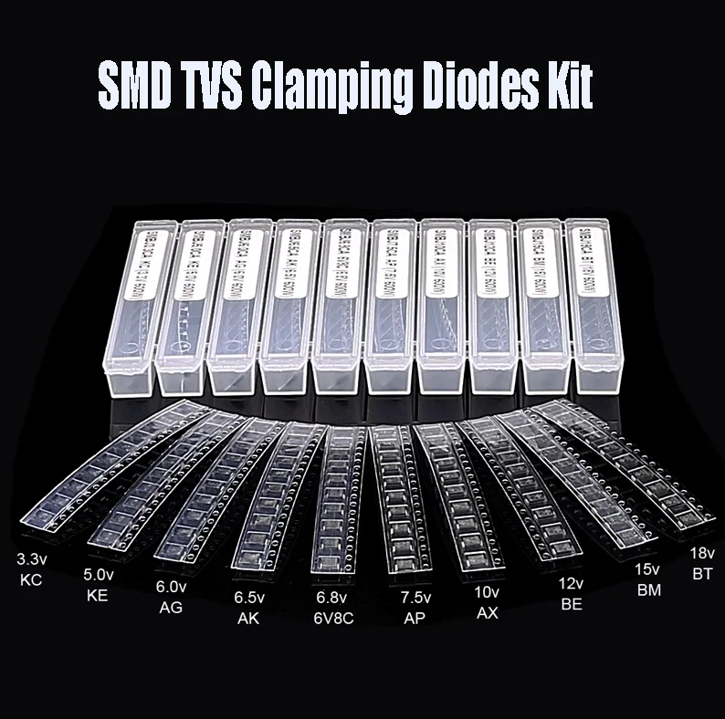 

100Pcs 10 Values 600W SMD TVS Clamping Diodes Kit SMBJ3.3/5.0/6.0/6.5/6.8/15/18CA Unidirectional/Bidirection SMB