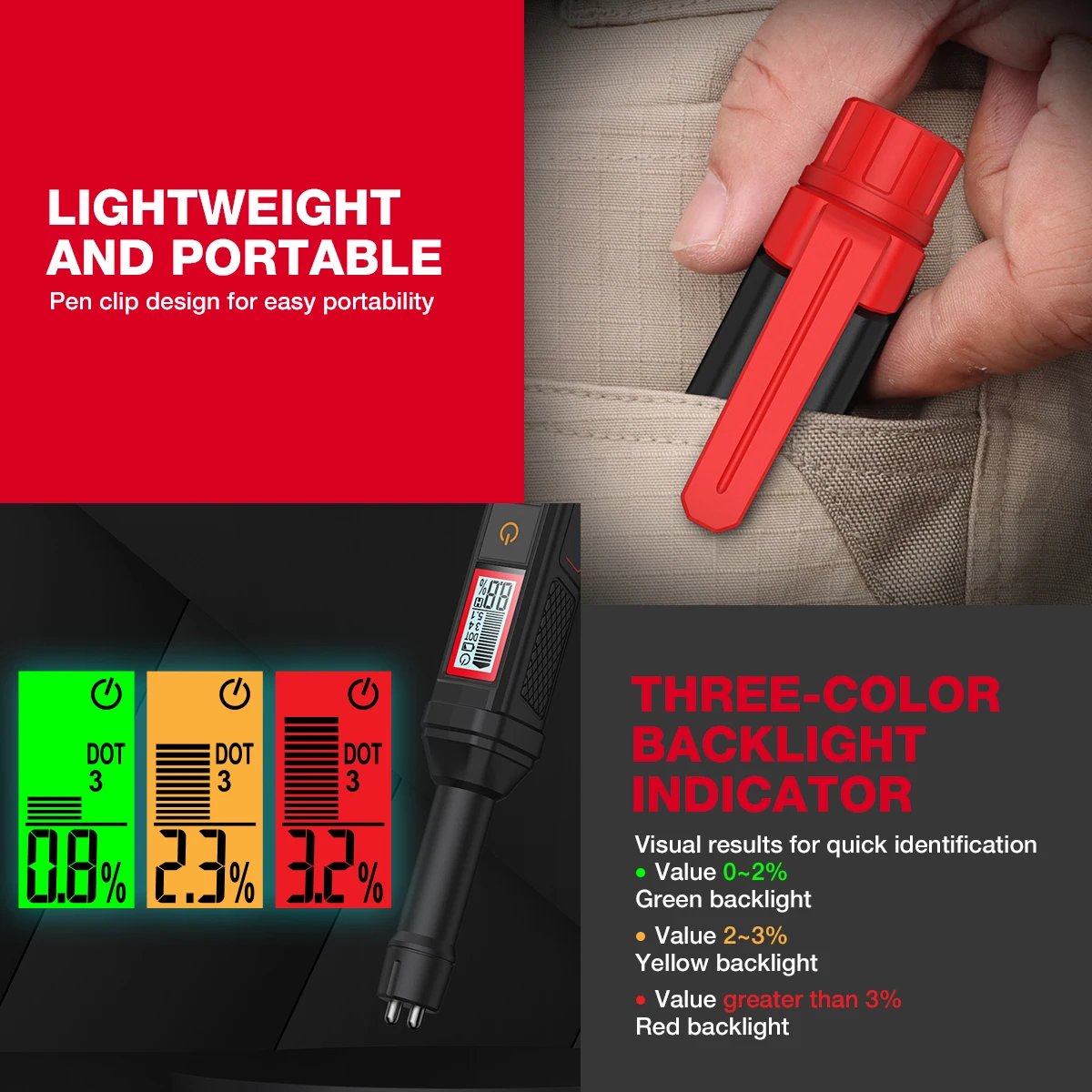 3-Farben-Hintergrundbeleuchtung Tragbarer Digitaler Bremsflüssigkeitstester Präziser Auto-Bremsöltester mit Ton- und Lichtalarm DOT3 DOT4 DOT5.1 – Detail 26