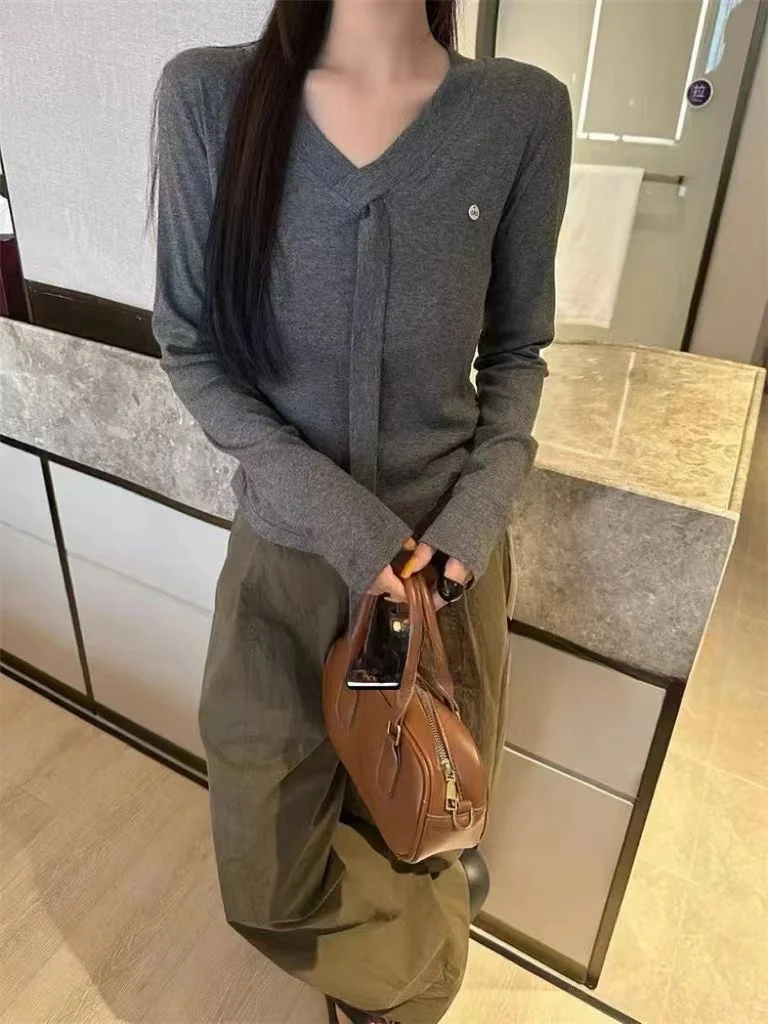 

Корейская футболка Sle V-Ne, женская повседневная универсальная однотонная футболка с поясом, облегающая эластичная основа, дышащая хлопковая длинная све