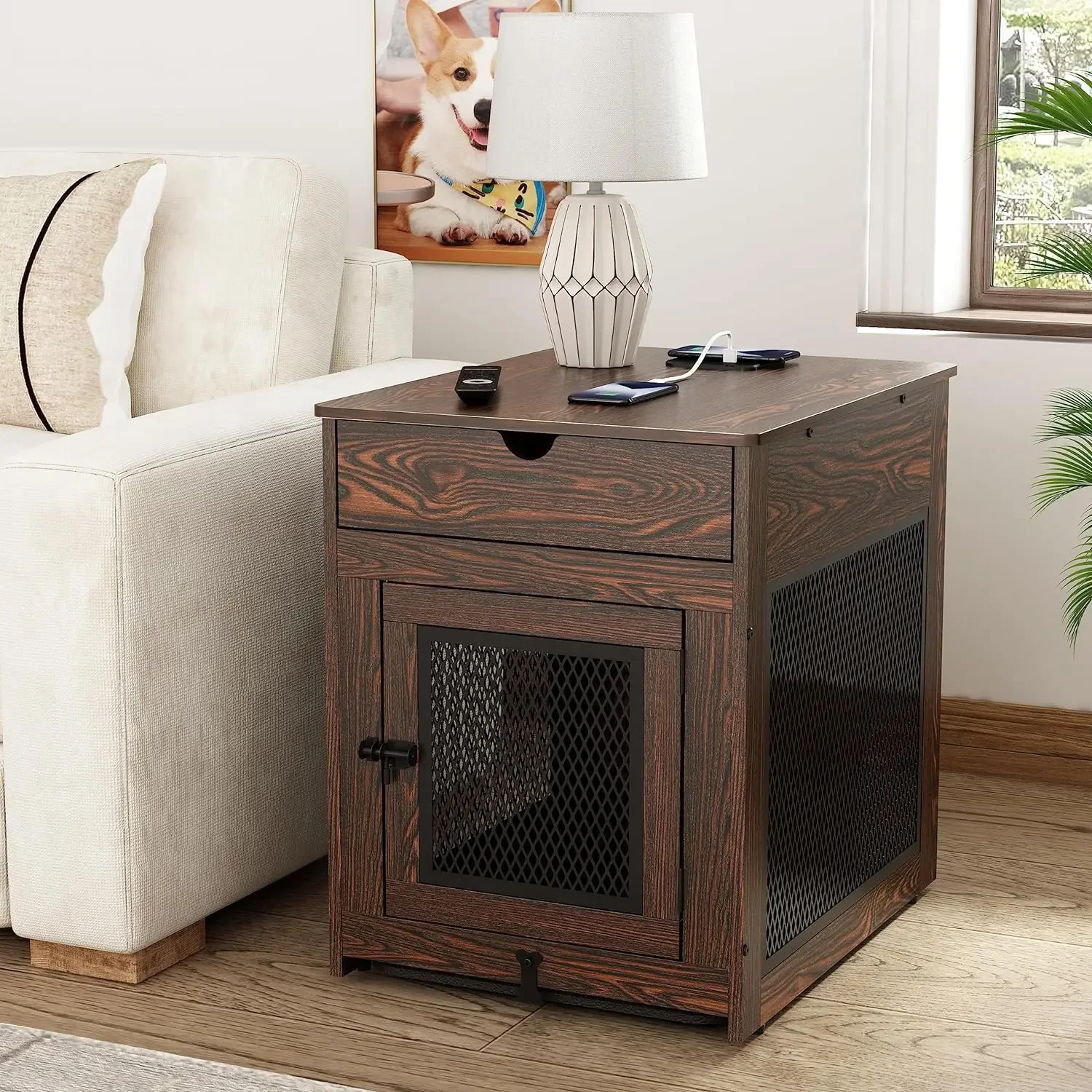 Dog Crate Furniture,Wooden Dog Crate End Table with Storage Drawer&Cushion&Tray, QC3.0 Wireless Fast Charging&Dual USB