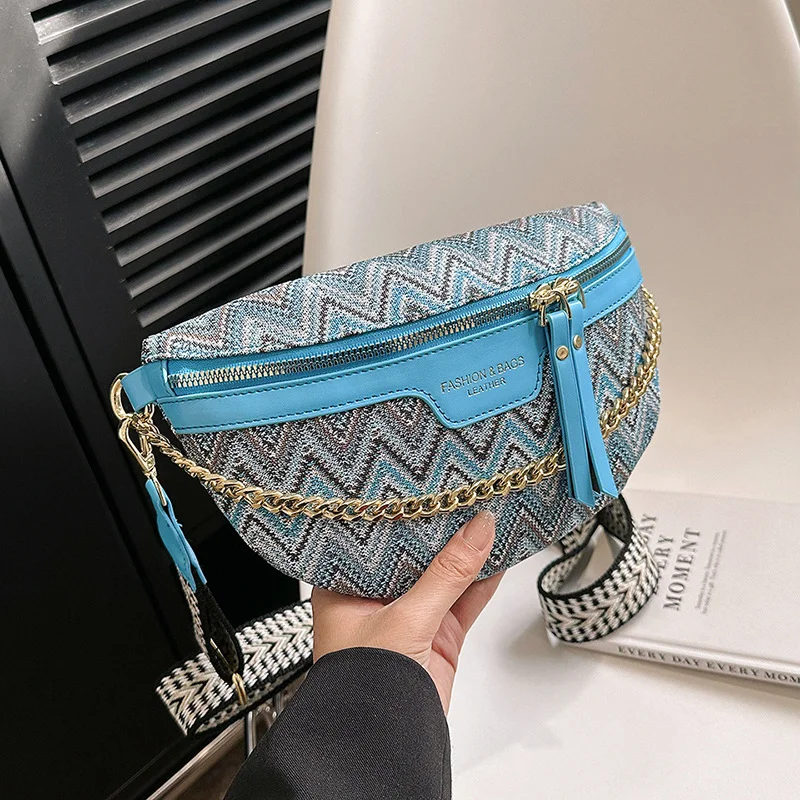 Luxury Wavy Pattern Chain Fanny Pack For Women Stylish Waist Pack Female Waist Bag Wide Strap Crossbody Chest Bag 2023 Trended