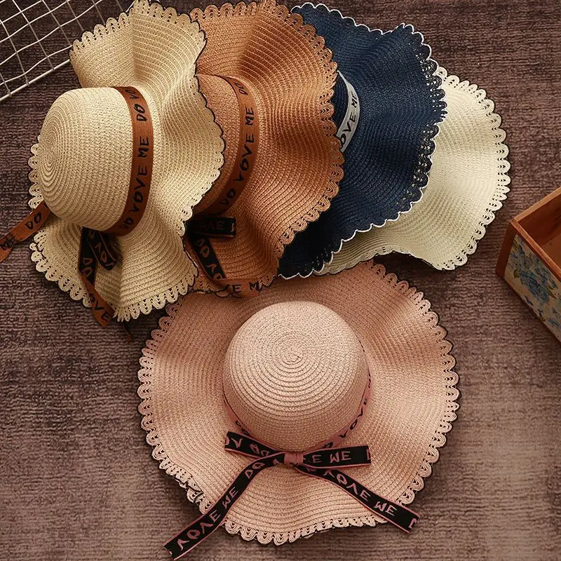 New Bow Straw Hat Women's Sun-proof Face-looking Small Summer Sun-proof Wave Brim Versatile Plus-sized Brim Beach Hat