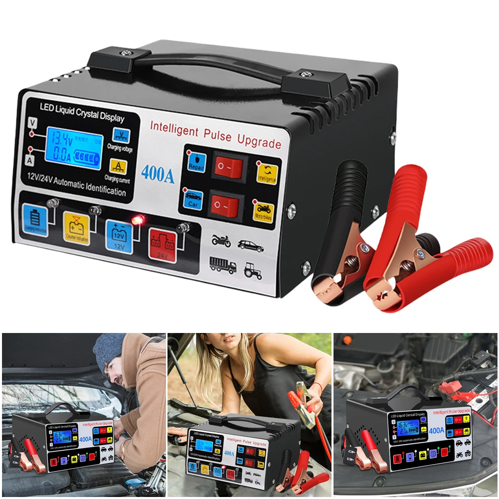 400A Heavy Duty Smart Battery Charger LCD Display Car Battery Charger Intelligent Pulse Repair Charger Self-Stop Battery Charger