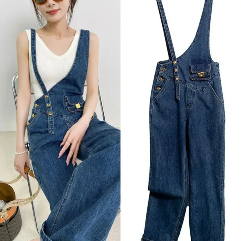 

Asymmetric Denim Pants Waist Bag Overalls Girl Autumn Retro Metal Buckle Cotton Versatile Wide Leg Loose Floor Mop Commute Pants