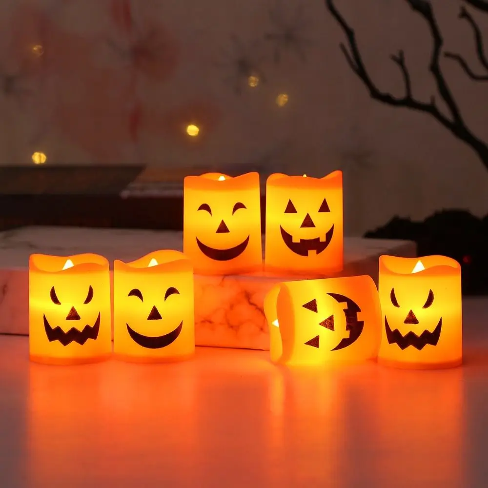 

12pcs Cute Ghost LED Candle Light Skull Creative Pumpkin Lantern Circular Use Plastic Halloween Decorative Lights Decor Props