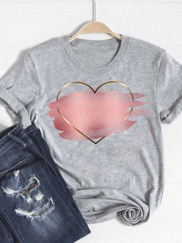 

Watercolor Love Heart Sweet Fashion Sleeve Basic Clothing Summer Graphic Women Clothes Summer Sleeved Harajuku Streetwear