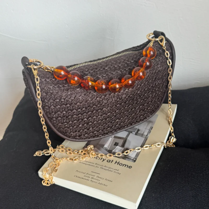 

Women Straw Dumpling Woven Bag Chain Strap Straw Beaded Handle Clutch Purse Luxury Large Capacity Crossbody Bag For Summer Beach