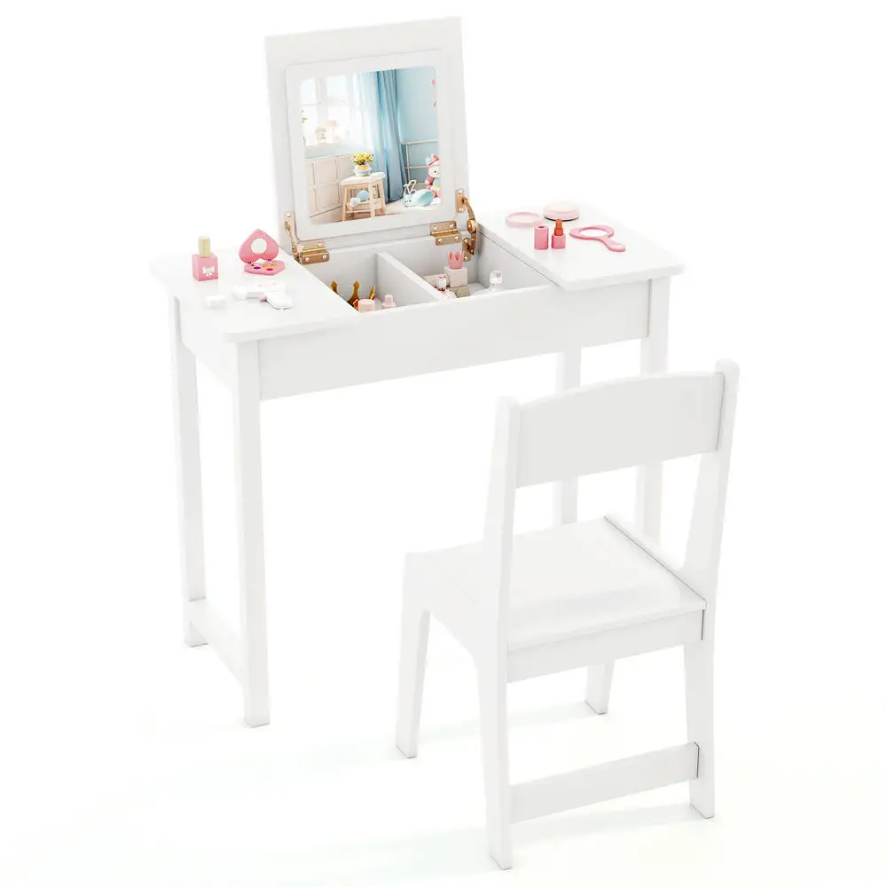 2-in-1 Kids Vanity Makeup Table and Chair Set with Flip Top Mirror-White