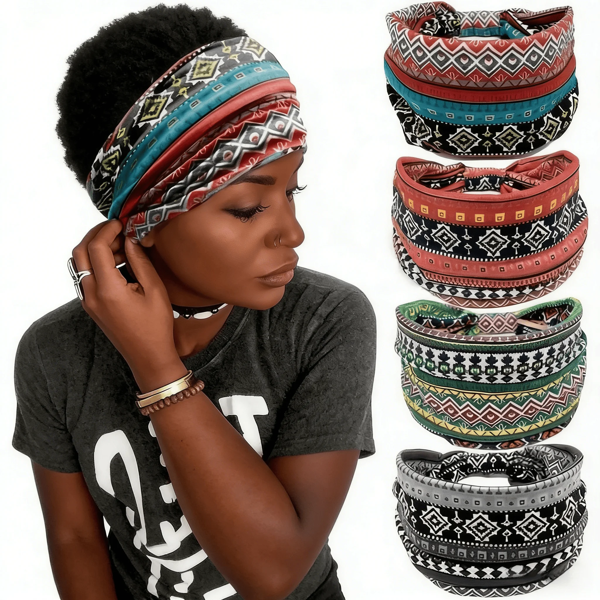 

4pcs Boho Chic Wide Headbands for Women, 4pcs Sweat-Wicking, Lightweight Yoga & Sports Hair Bands, Vintage Print Design, And Wide Elastic Headscarves for Hair Additions,sport,Vintage Print Design