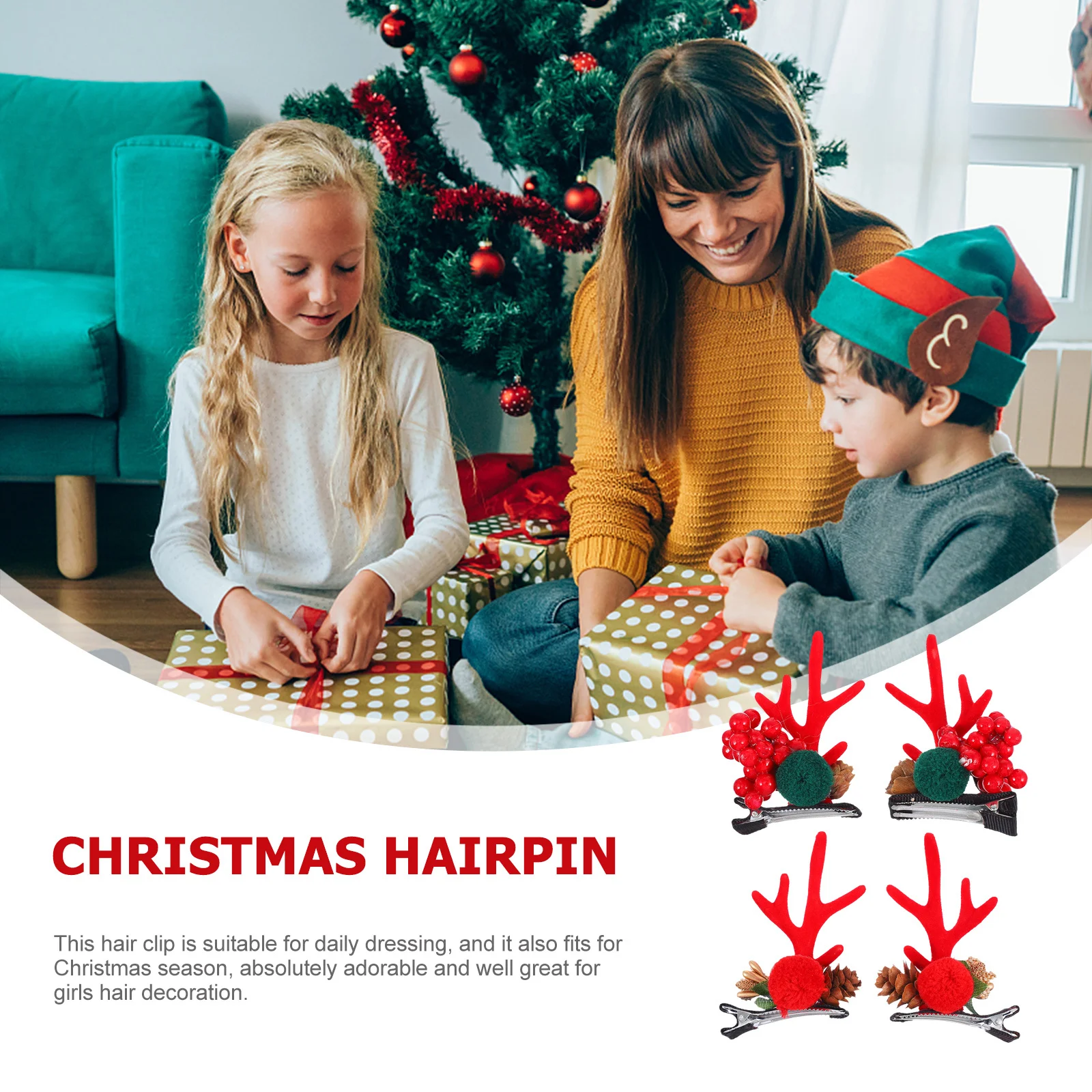 

2 пары заколок для волос с рогами для рождественской вечеринки, заколки для волос с рогом оленя, сосновая шишка, ягоды, рождественский фестиваль, украшения для волос, заколка с рогами
